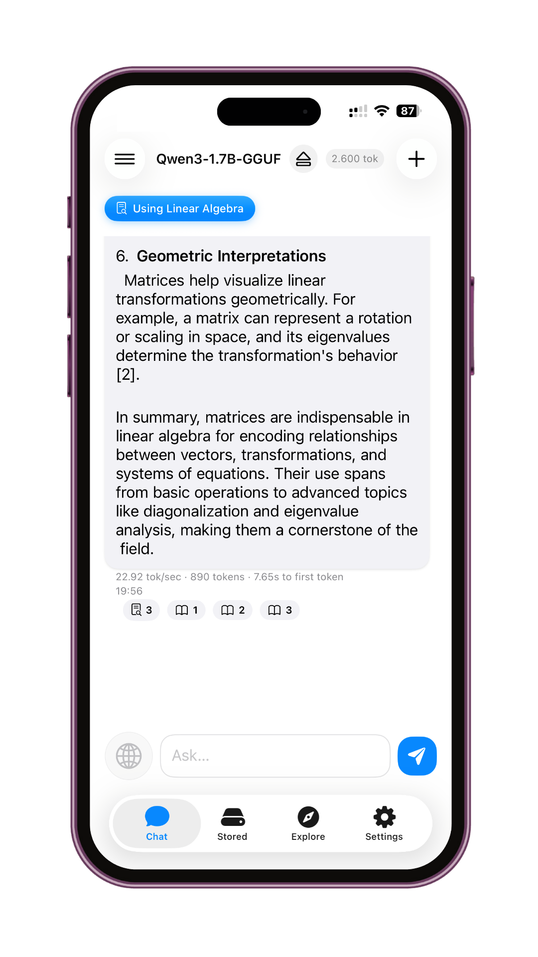 Noema conversation on iPhone using a Linear Algebra dataset with citations