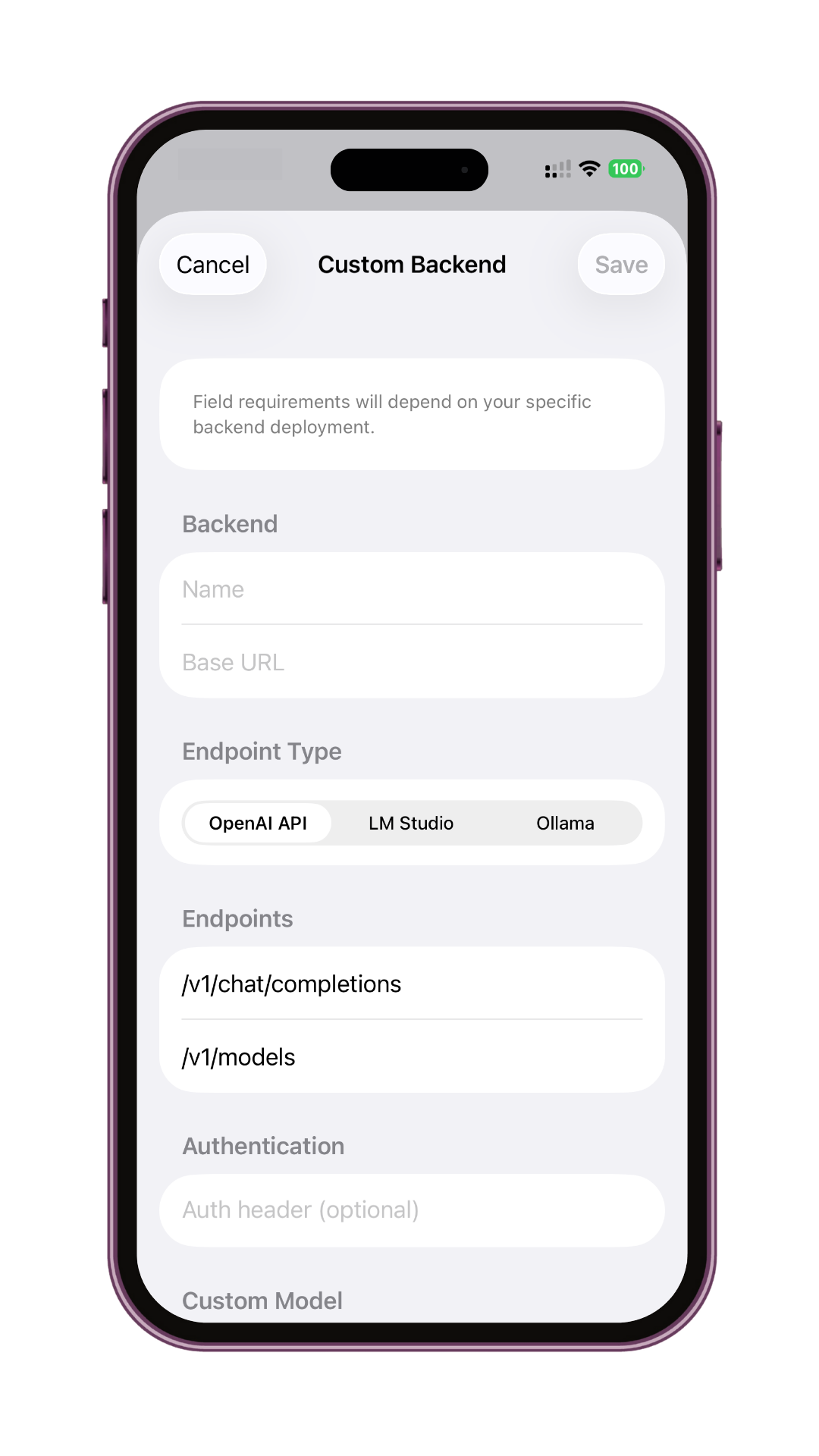 Form for adding a new remote backend in Noema