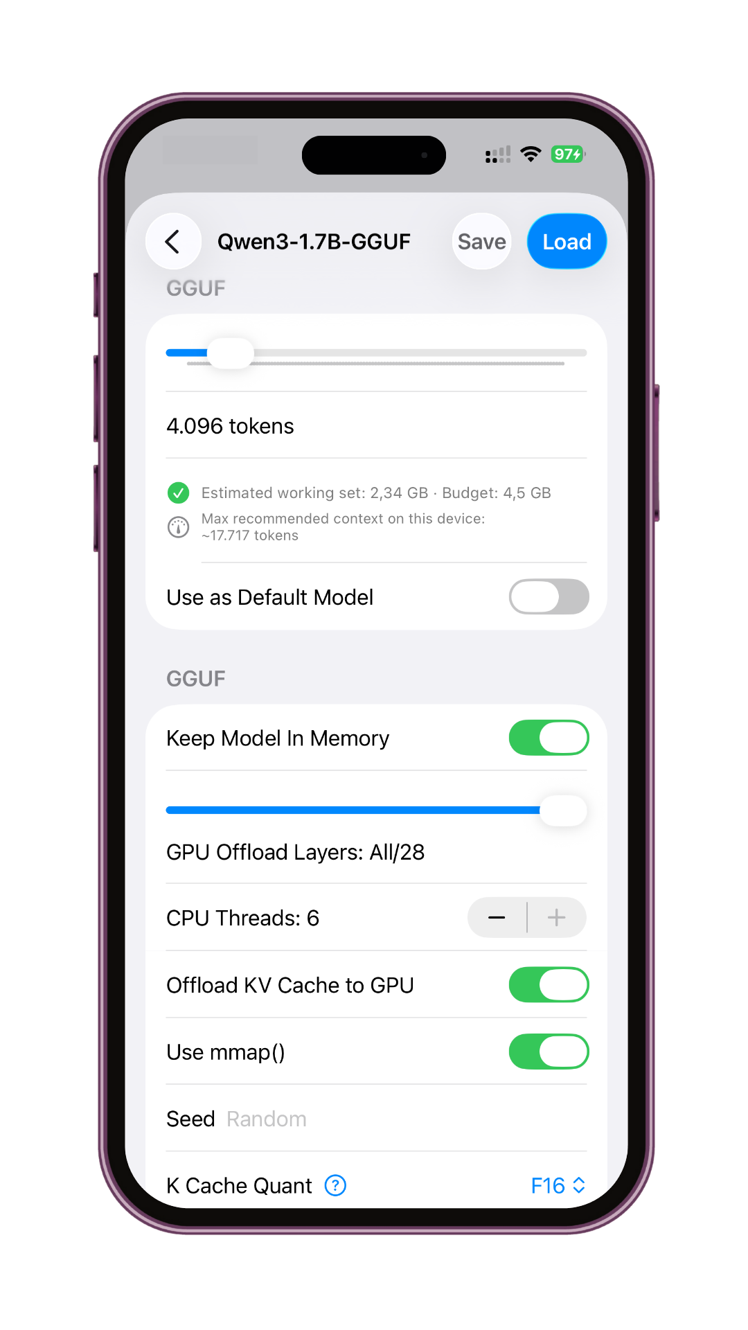 Noema local model settings on iPhone with context and GPU controls