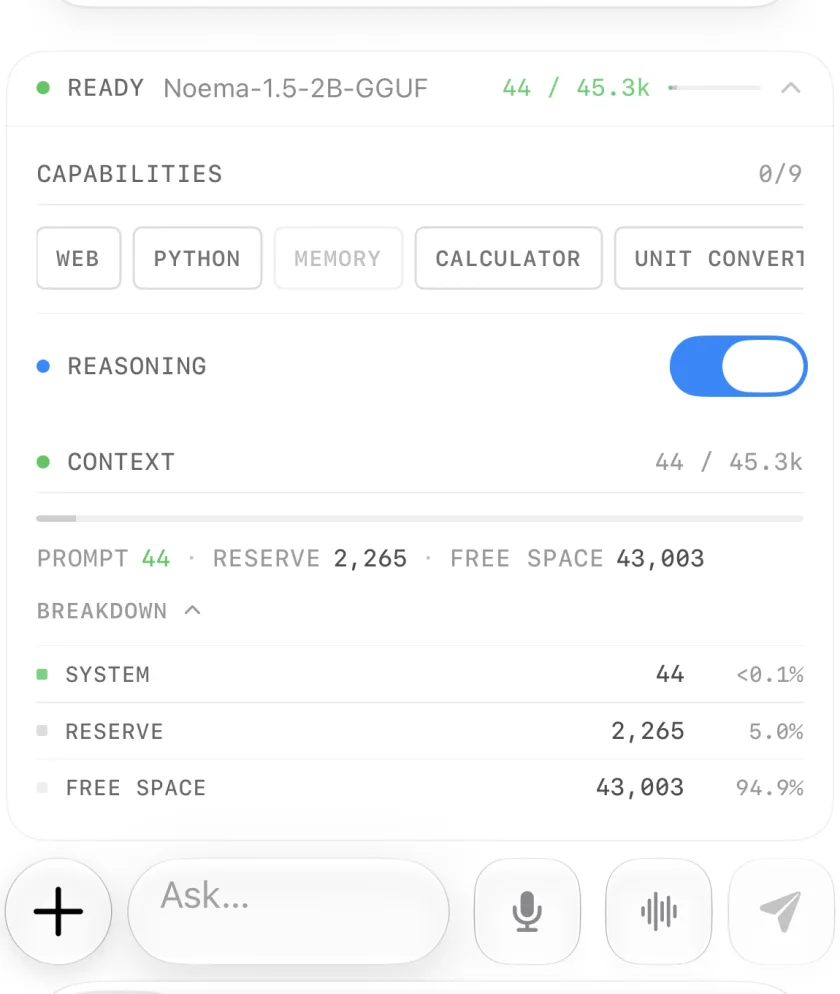 Noema chat with the context bar expanded to show Web and the other capability controls.