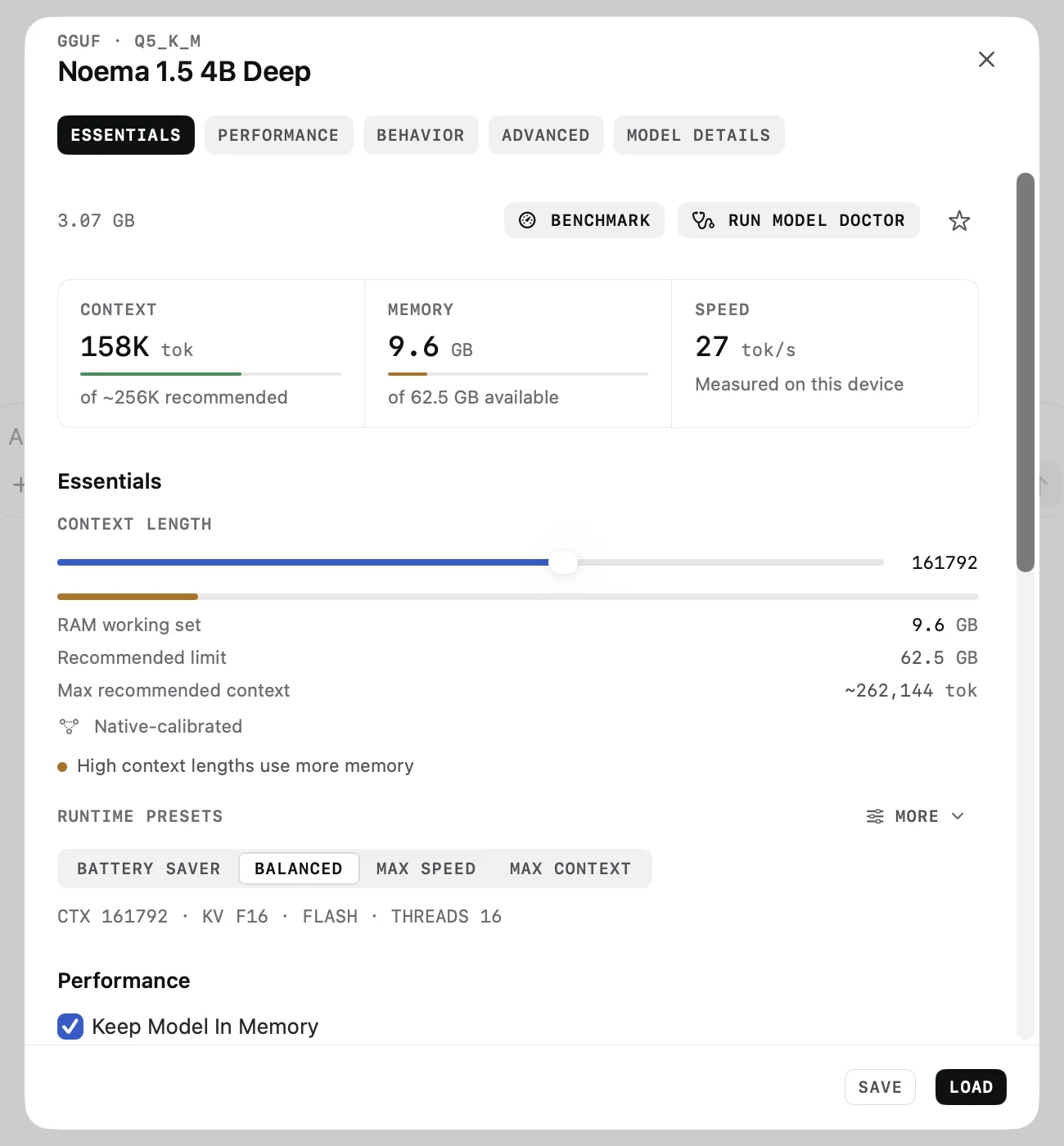 Noema 1.5 4B Deep settings on Mac showing context length, memory use, measured speed and runtime presets