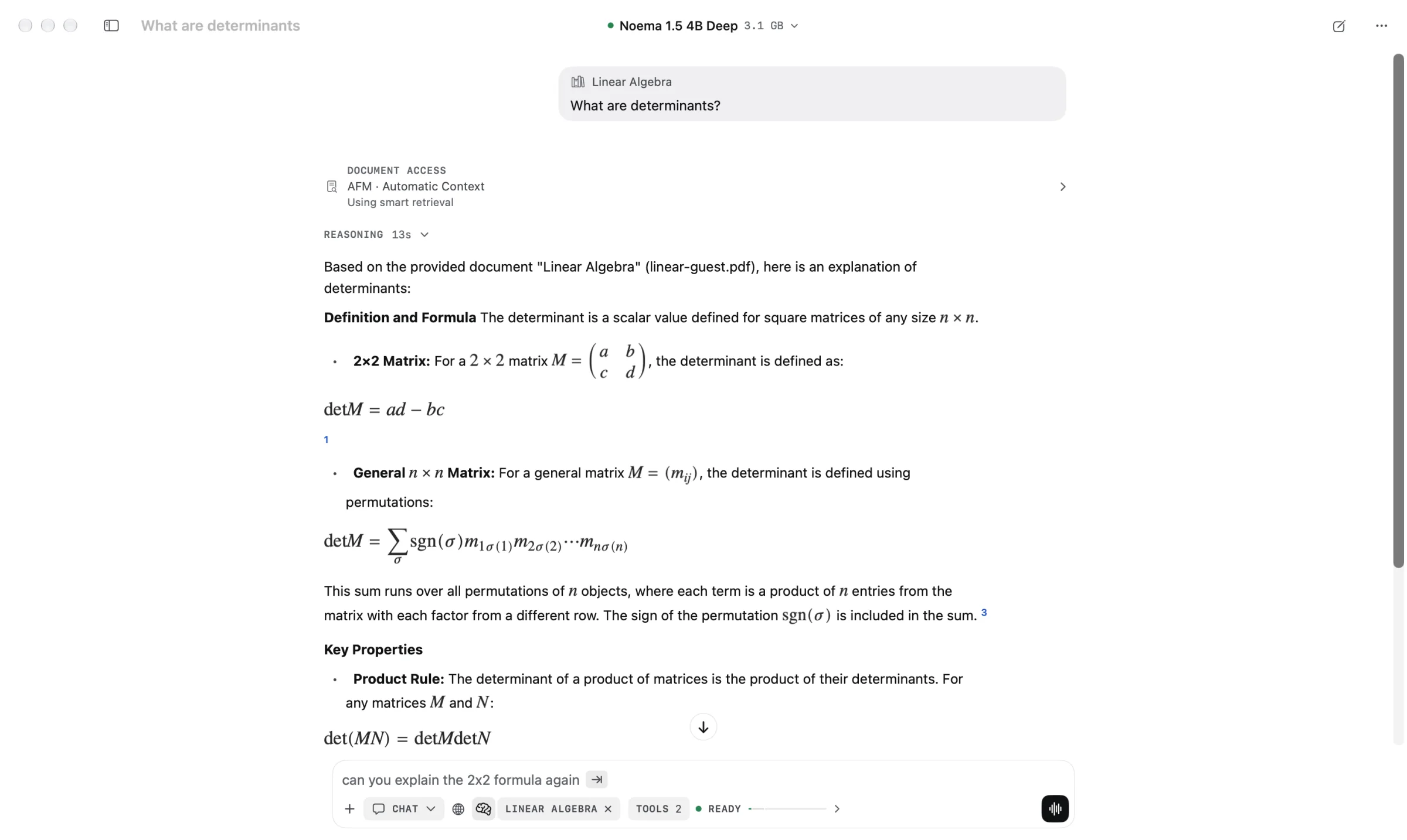 Noema on a Mac answering “What are determinants?” from an on-device Linear Algebra dataset, with citations