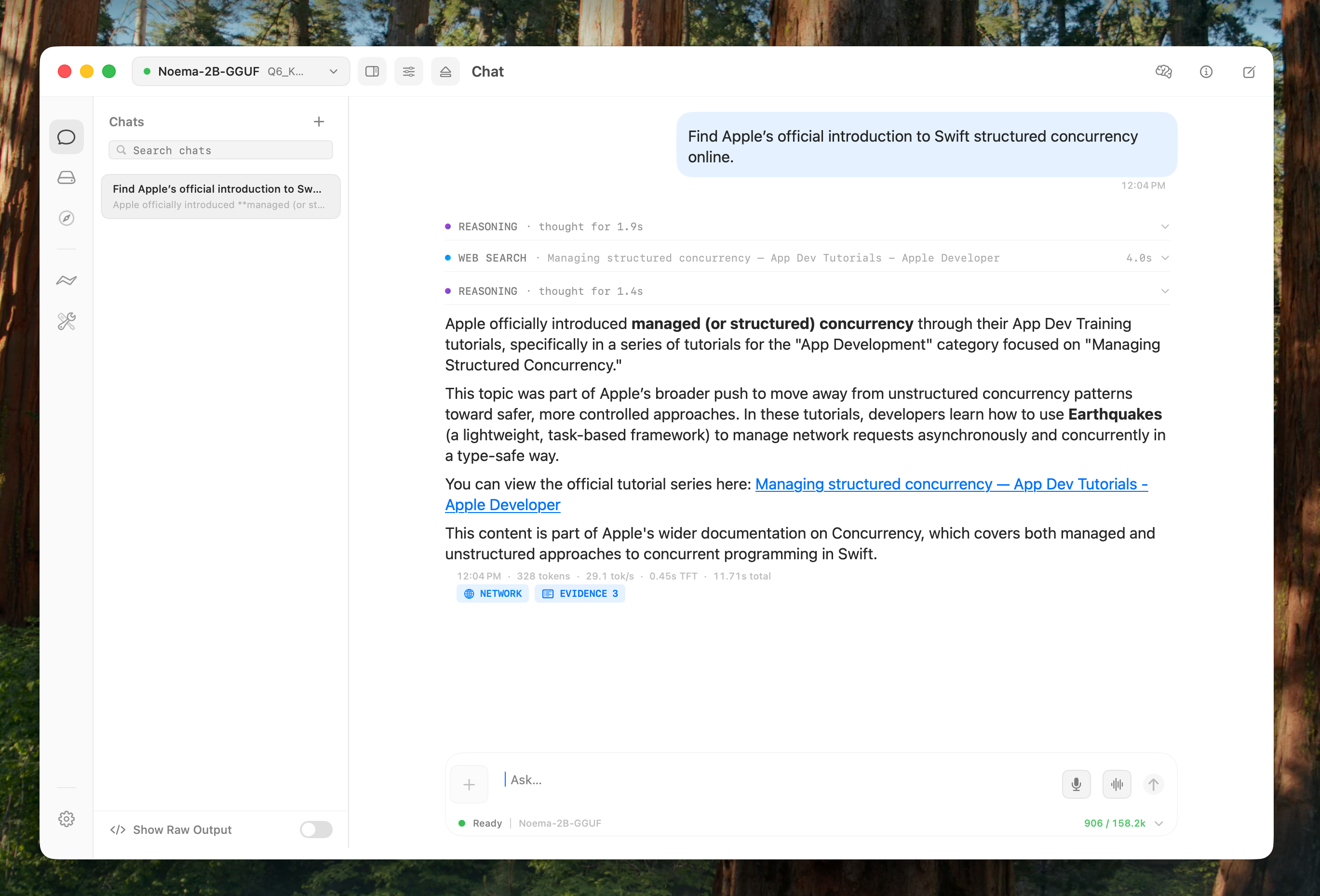 The Noema app answering a web research question with inspectable source evidence